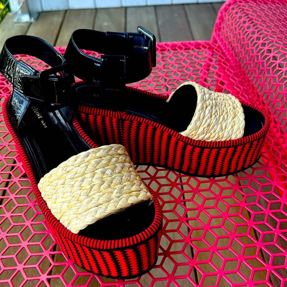 CELINE RAFFIA AND PATENT WEDGES 35.5
